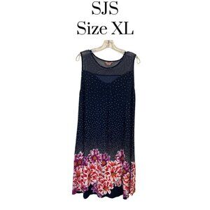 Sleeveless Tropical Floral Dress with Mesh Sheer Yoke and Textured Polka Dot